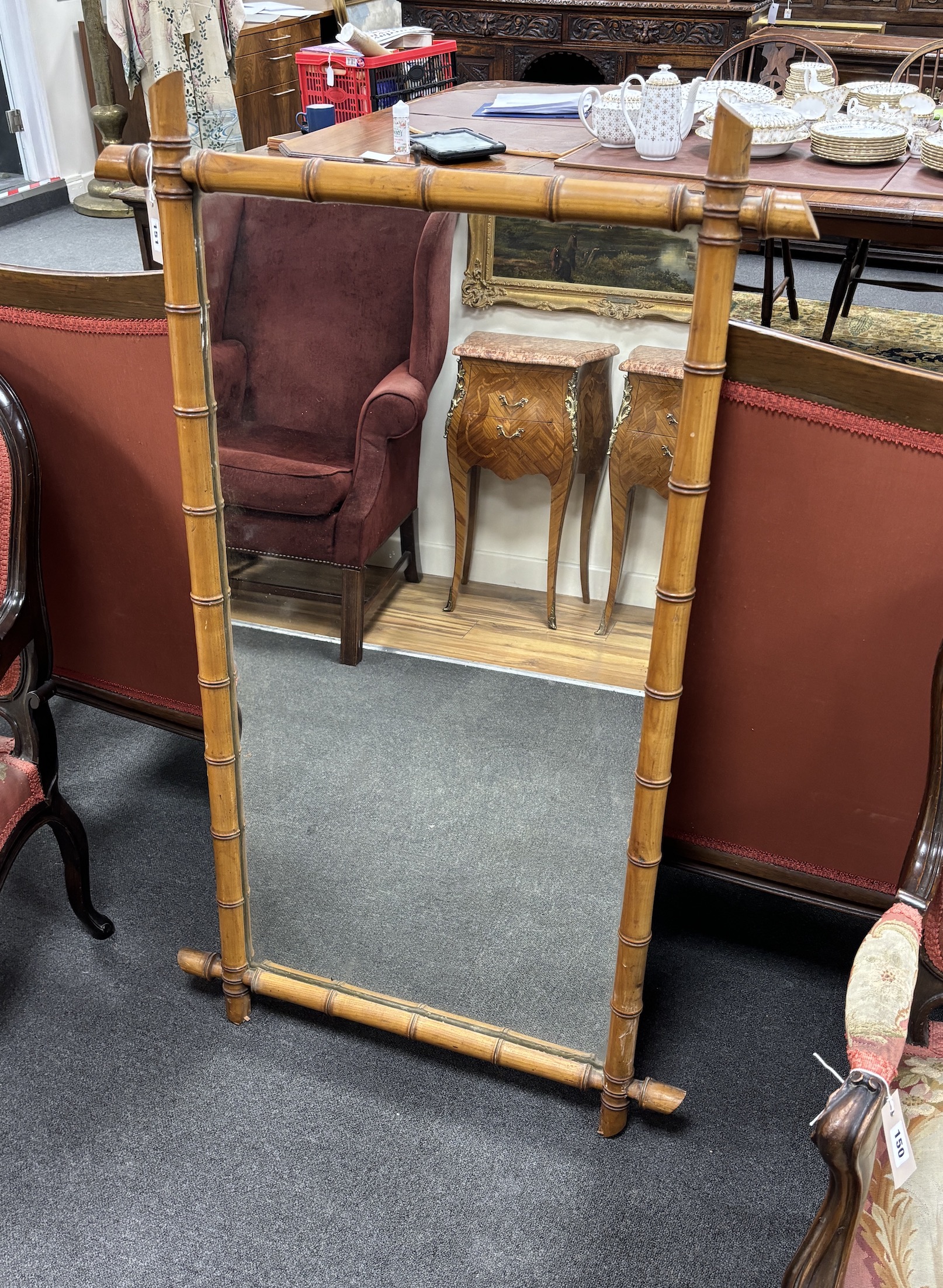 A late 19th early 20th century French rectangular simulated bamboo cherry wall mirror, width 72cm, height 124cm